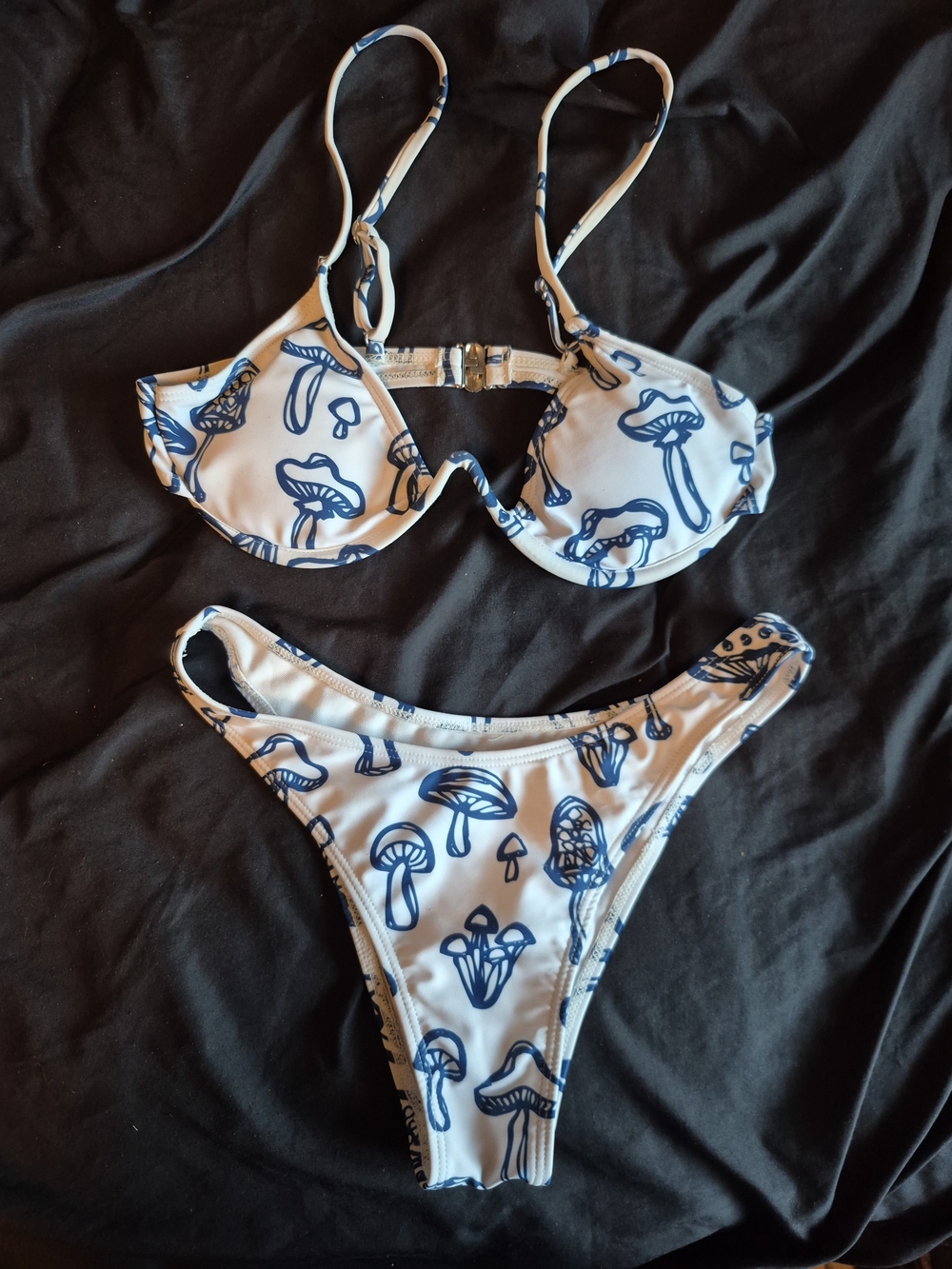 White Bikini with Navy Mushroom Print